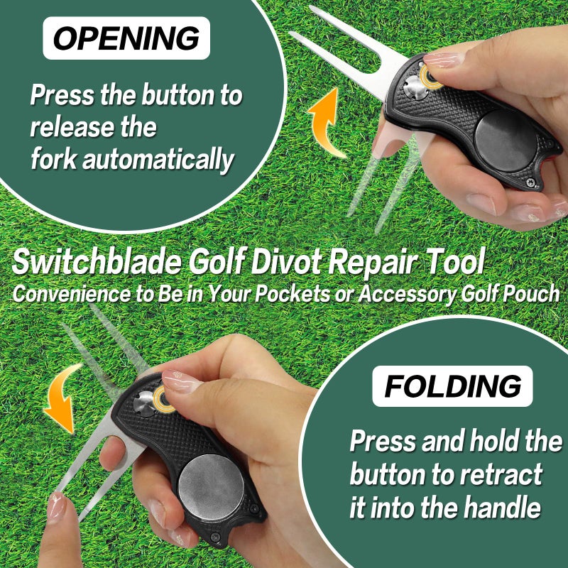 FINGER TEN Golf Divot Repair Tool and Ball Marker Switchblade Value Pack, Foldable Magnetic Stainless Steel with Pop-up Button for Men Women (2 in Black+2 Ball Marker) - Image 3